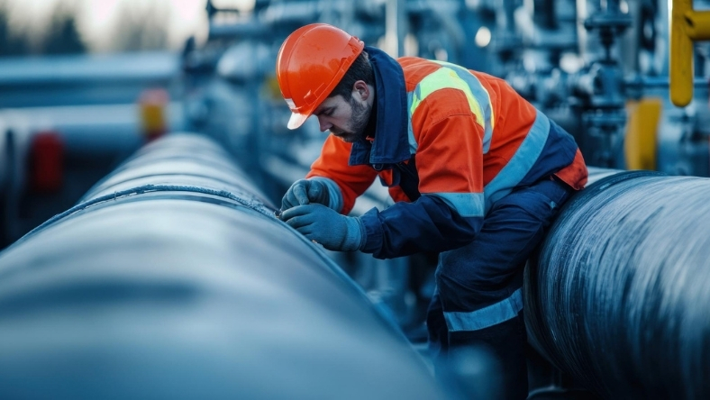 Pipeline worker inspecting large industrial pipe in safety gear