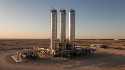 Midstream processing facility with three tall steel columns and pipe infrastructure on a flat desert plain