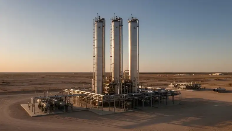 Midstream processing facility with three tall steel columns and pipe infrastructure on a flat desert plain
