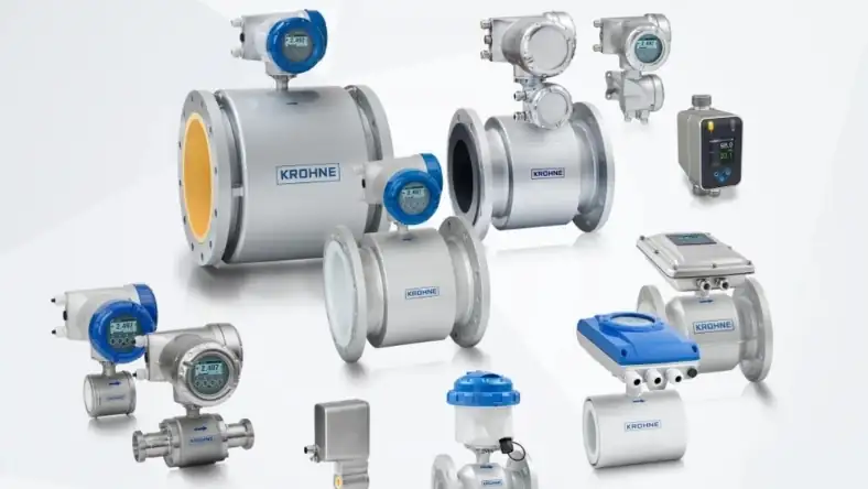 Assortment of KROHNE industrial flow measurement instruments and electromagnetic meters on a white background
