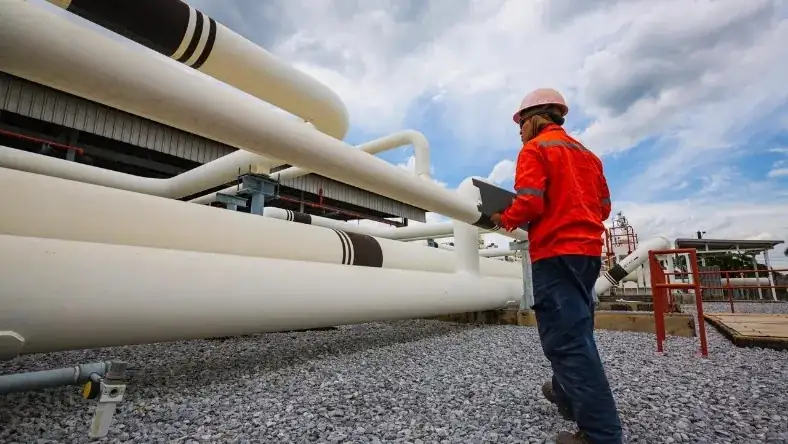 Worker in safety gear inspects industrial pipelines while carrying a laptop at a facility