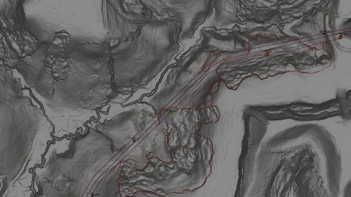 Terrain contour map showing hills, a river valley, and a pipeline path marked with numbered survey points