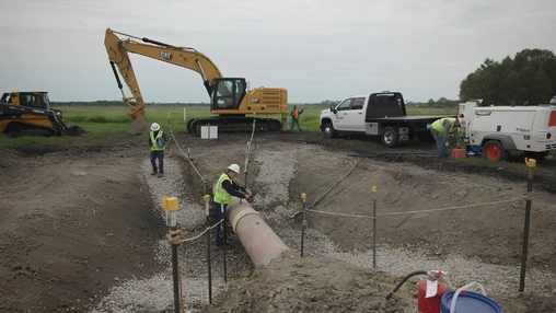Workers in hard hats lower a large pipe into a gravel-lined trench beside an excavator and pickup truck