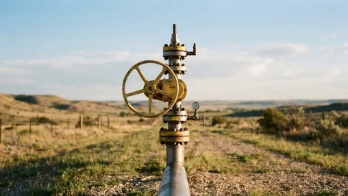 Yellow valve wheel and pressure gauge mounted on a wellhead along a gravel path through open grassland