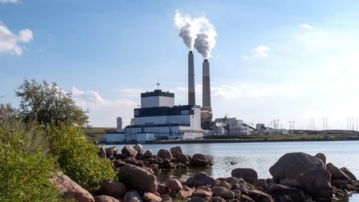 Coal power station with steam from paired smokestacks, viewed past rocks and greenery at the water's edge