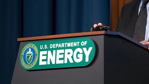 Green Department of Energy podium sign beside a speaker in a dark suit standing near a lectern indoors