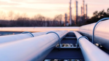 Rows of large silver industrial pipelines with looped bends converging toward refinery towers at sunset