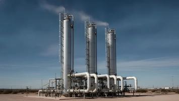 Three tall silver processing towers with metal ladders release steam above a network of connecting pipework