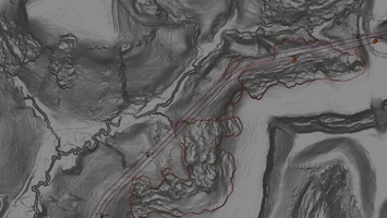 Terrain contour map showing hills, a river valley, and a pipeline path marked with numbered survey points
