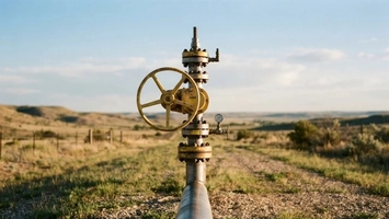 Yellow valve wheel and pressure gauge mounted on a wellhead along a gravel path through open grassland